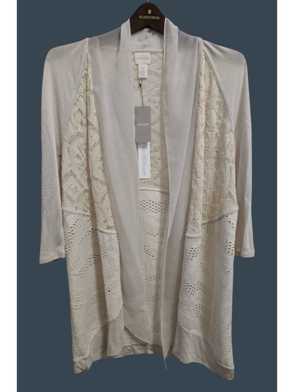 NWT Chicos Trixie Cardigan Cream 3/4 Sleeve Open Front Lace Sweater Size 0